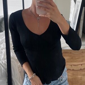 Vintage 90s‎ Assemblage Black Mesh Long Sleeve Plunge Top